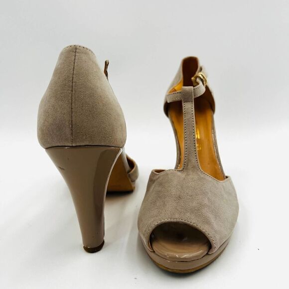 Via Studio Open Toe Platform T-Strap Nude Suede Pumps Size 38 - Picture 10 of 13